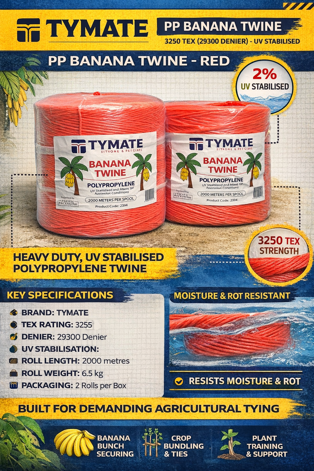 TYMATE PP Banana Twine 3250 Tex (29300 Denier) – Red – 2000m Roll – UV Stabilised