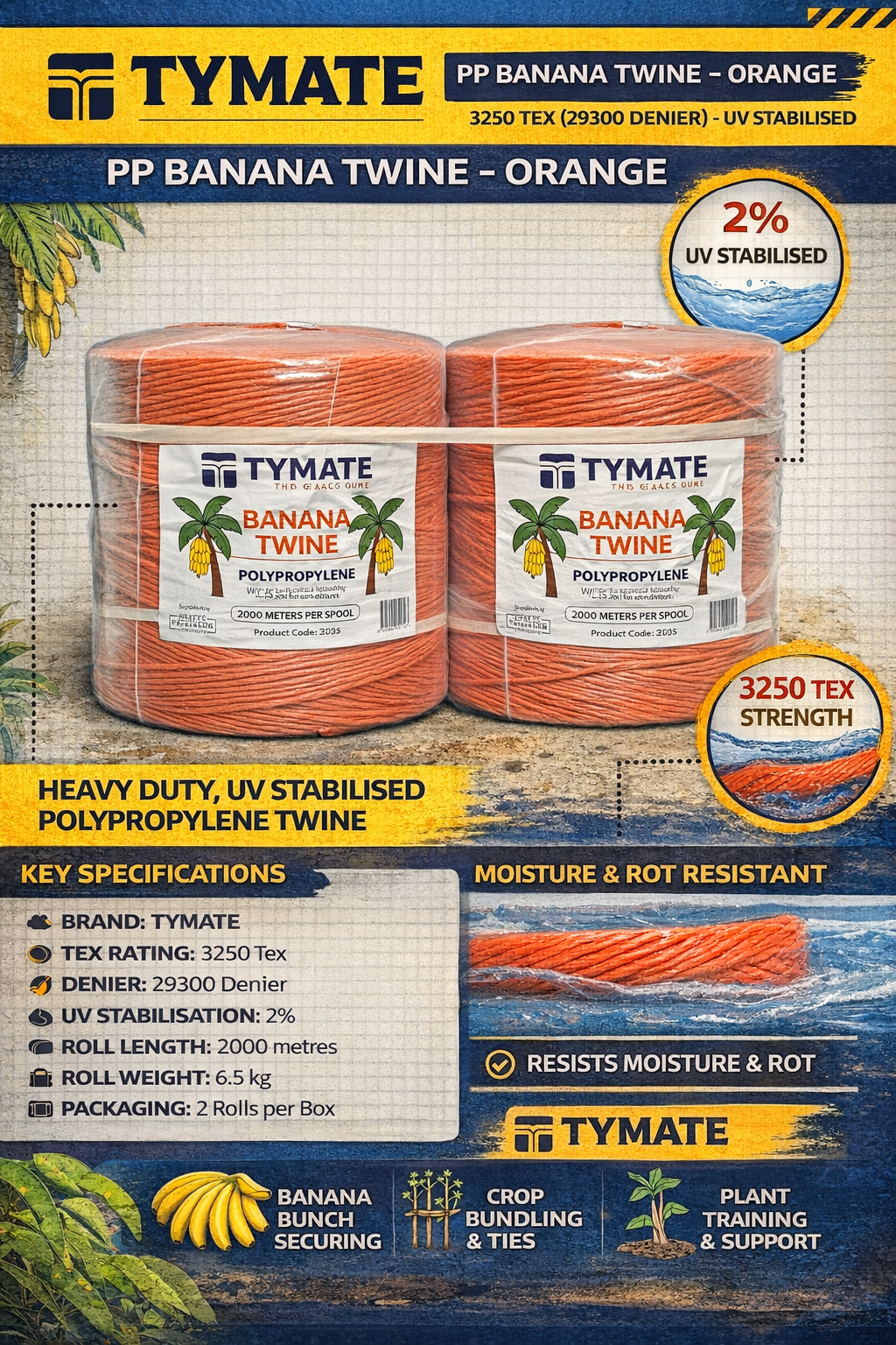TYMATE PP Banana Twine 3250 Tex (29300 Denier) – Orange – 2000m Roll – UV Stabilised