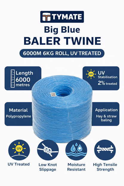 Big Blue BALER TWINE; 6000M 6KG ROLL, UV TREATED; TYMATE; Length 6000 metres; UV Stabilisation 2% treated; Material Polypropylene; Application Hay & straw baling; UV Treated; Low Knot Slippage; Moisture Resistant; High Tensile Strength