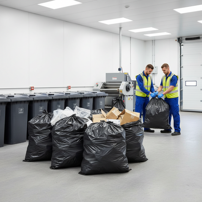 Two workers in a warehouse using Pacific Packaging Australia bin liners to sort trash.