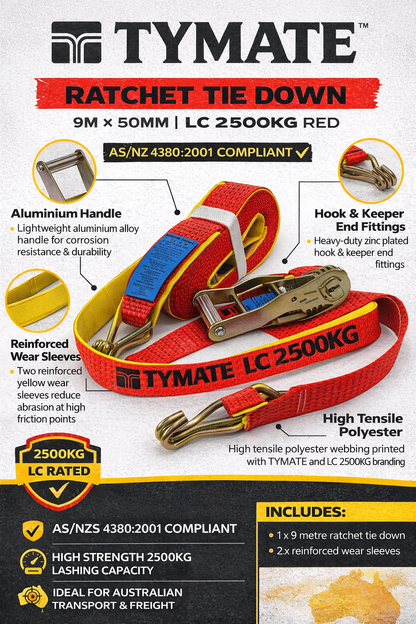 TYMATE Ratchet Tie Down 9m x 50mm LC 2500kg Hook & Keeper – Red