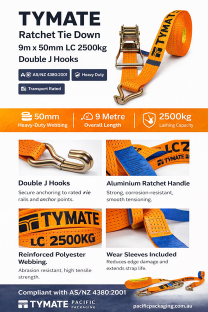 TYMATE Ratchet Tie Down 9m x 50mm LC 2500kg Double J Hooks – Orange