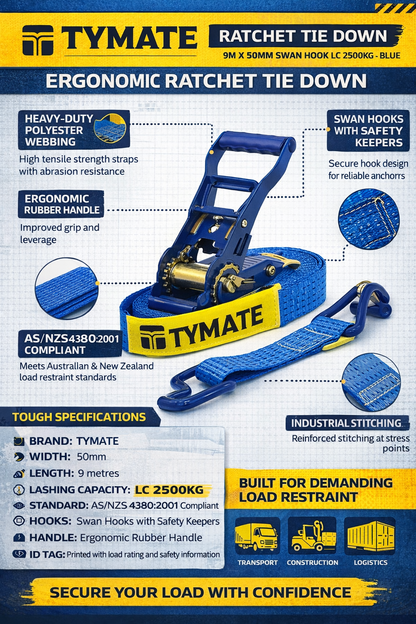 TYMATE Ratchet Tie Down (Reverse Action) Ergo 9m x 50mm Swan Hook LC 2500kg - Blue