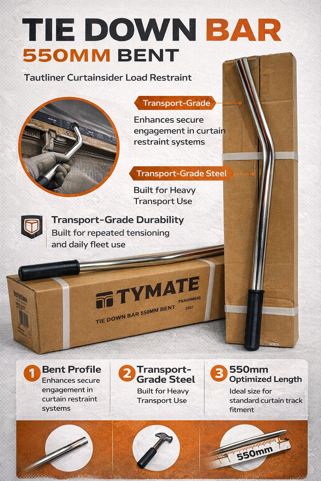 TYMATE - Tie Down Bar 550mm Bent, Tautliner Curtainsider Load Restraint