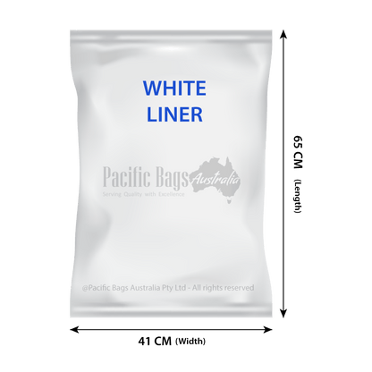 WHITE LINER bag labeled 41 CM (Width) x 65 CM (Length), polyethylene liner packaging displaying Pacific Bags Australia logo