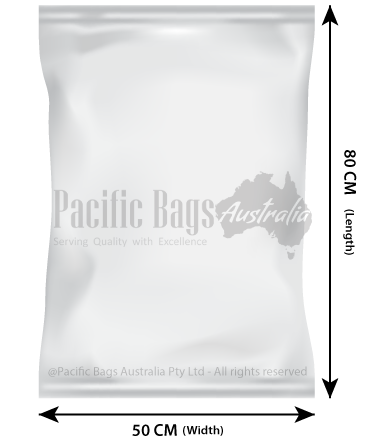 Clear plastic bag with Pacific Bags Australia branding and dimensions labeled.