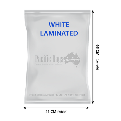 White laminated poly mailer bag showing branding and measurement arrows; WHITE LAMINATED; Pacific Bags Australia; 41 CM (Width); 65 CM (Length)