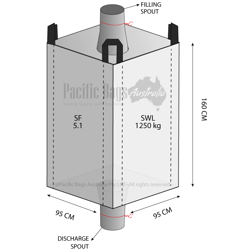 1250kg Circular FIBC Bulk Bag, Spout Top & Bottom, 95 x 95 x 160cm