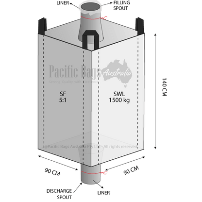 1.5 Tonne - Spout Top Spout Bottom - Liner Bulk Bag - 90 x 90 x 140 cm