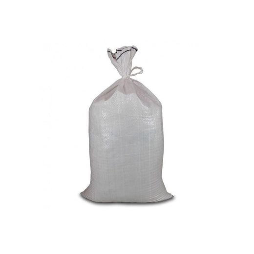 White woven polypropylene sack tied at top, filled and standing upright on white background.