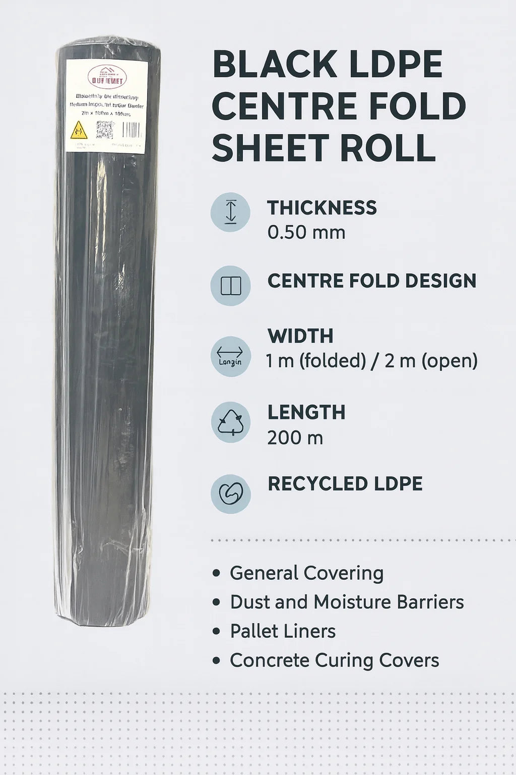Black LDPE builders film on roll, centre fold sheet