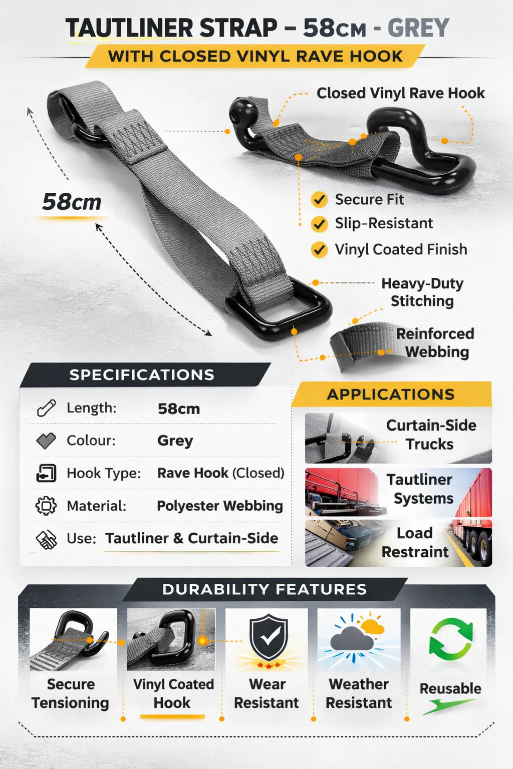 TYMATE - Tautliner Strap 58cm Grey with Closed Vinyl Rave Hook