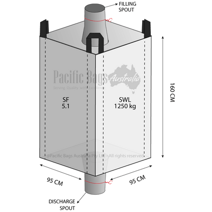 1250kg Circular FIBC Bulk Bag, Spout Top & Bottom, 95 x 95 x 160cm