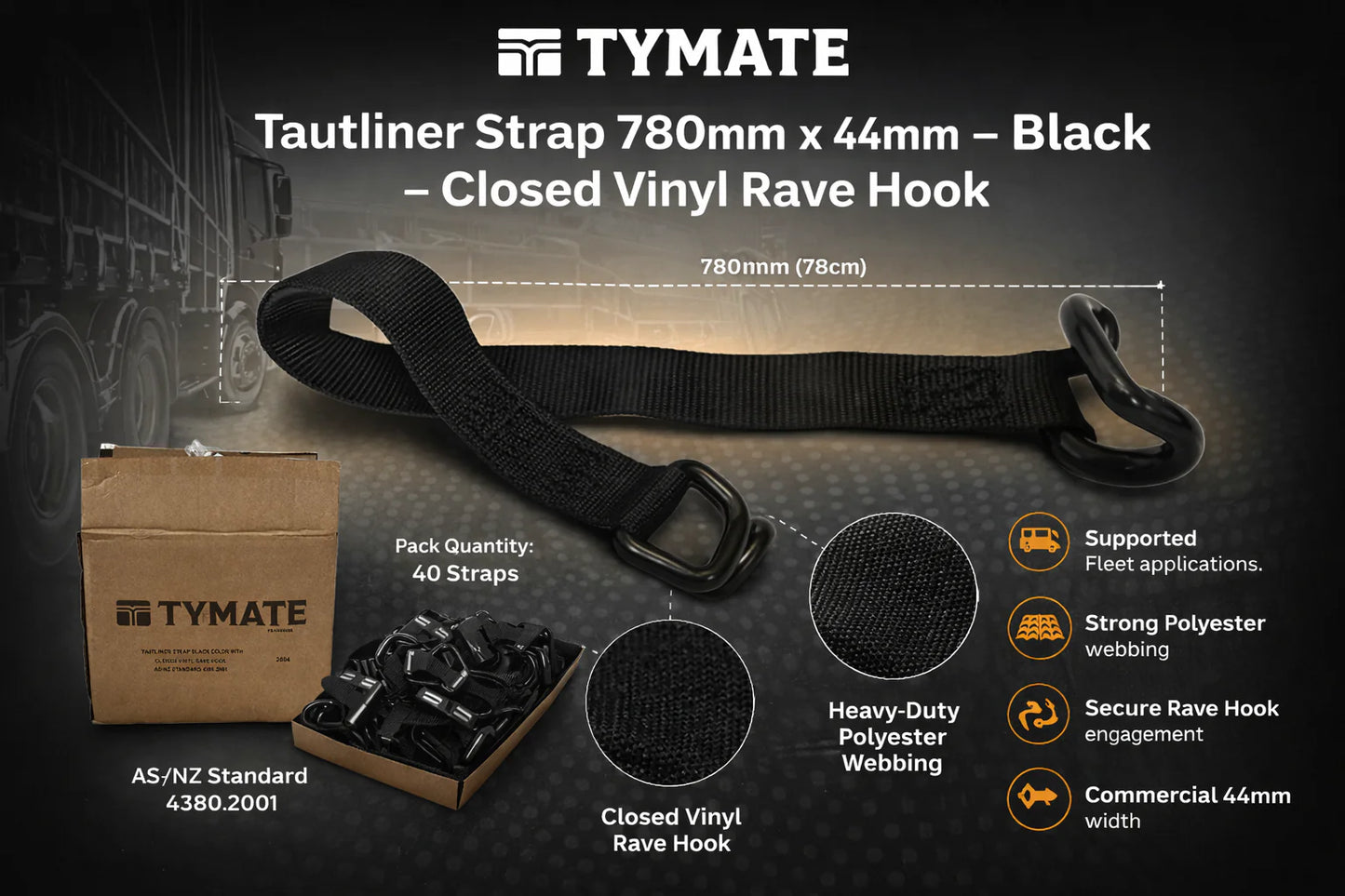 TYMATE - Tautliner Strap 780mm x 44mm – Black – Closed Vinyl Rave Hook
