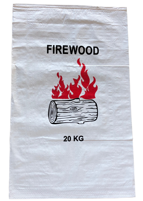 Transparent firewood bag, front view, with printed design and double-stitched seams