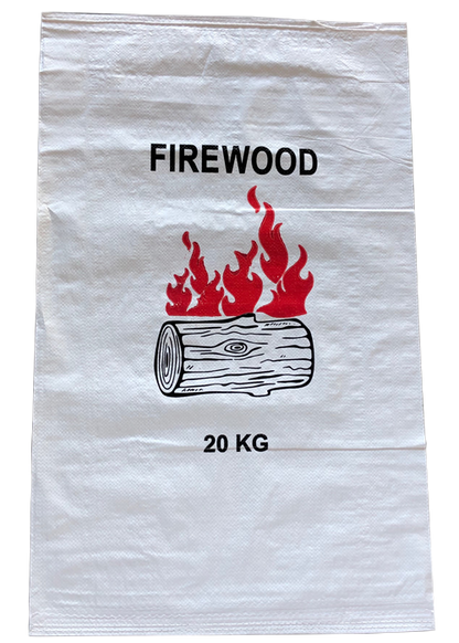 Transparent firewood bag, front view, with printed design and double-stitched seams