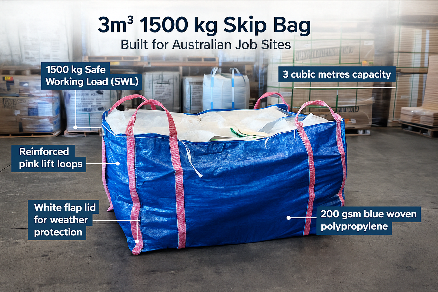 3 Cubic Metre Skip Bag, 1500 kg SWL, Blue Woven Polypropylene with Flap Lid