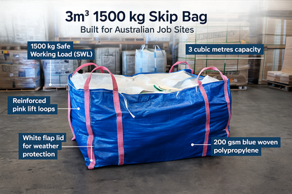 3 Cubic Metre Skip Bag, 1500 kg SWL, Blue Woven Polypropylene with Flap Lid