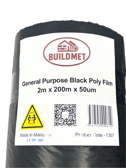 Black LDPE Builders Film - 0.50 mm x 1 m / 2 m x 200 m (Recycled)