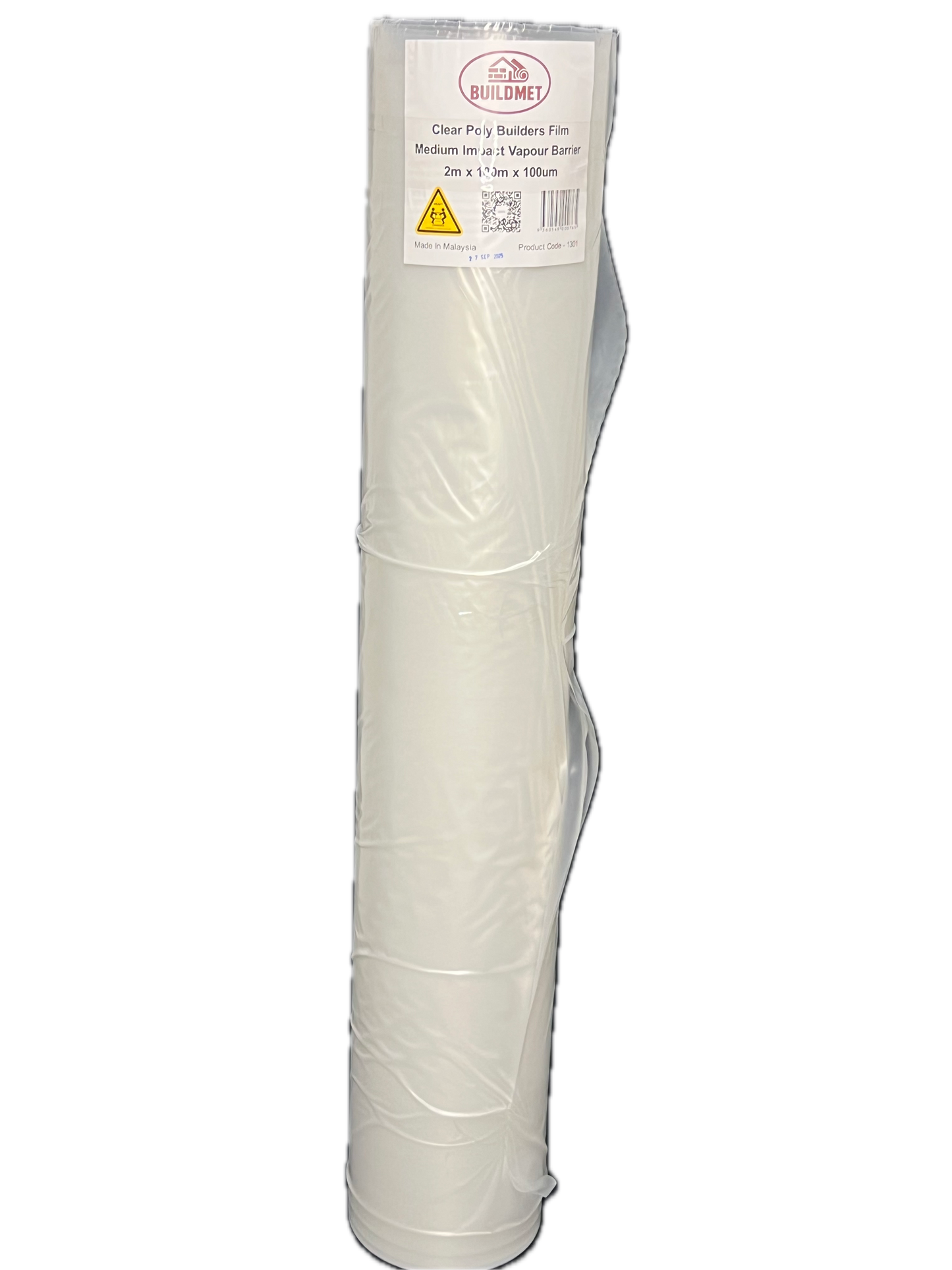 Roll of clear polythene film with a label on a white background