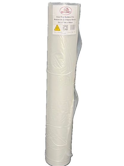 Roll of clear polythene film with a label on a white background