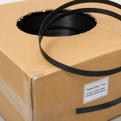 Close-up of 19mm black polypropylene hand strapping coil
