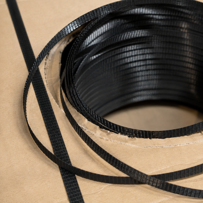 Close-up of 15mm polypropylene strapping with embossed texture