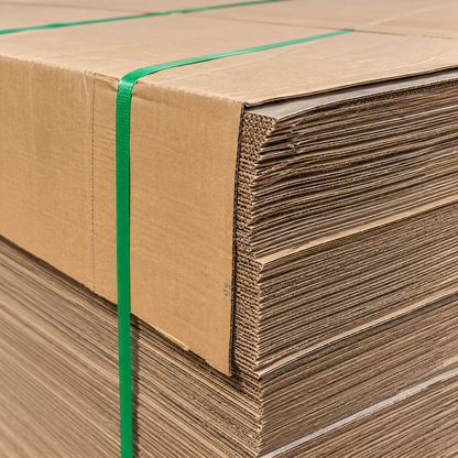 Stacked corrugated pallet pads bundled with green strapping, corner close-up showing layered fluting