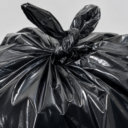 Close-up of heavy-duty black bin liner, showing durable material and sealed bottom