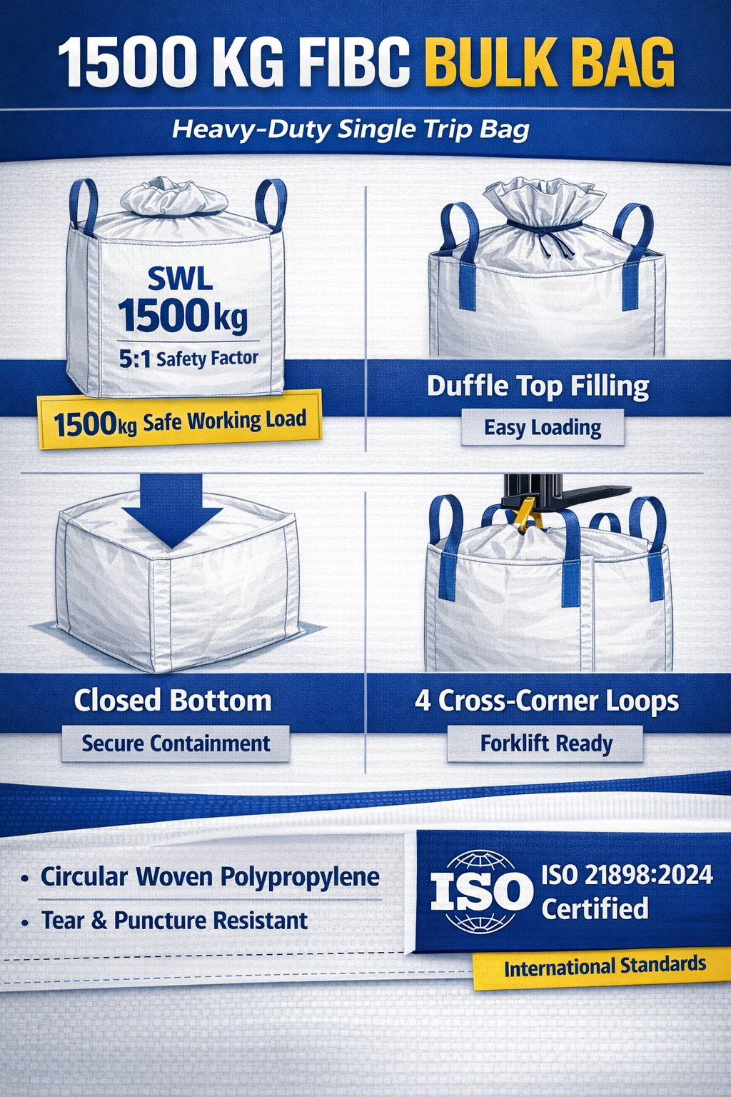 1500 KG FIBC BULK BAG; duffle-top, closed bottom, 4 cross-corner loops; 1500kg Safe Working Load; ISO 21898:2024