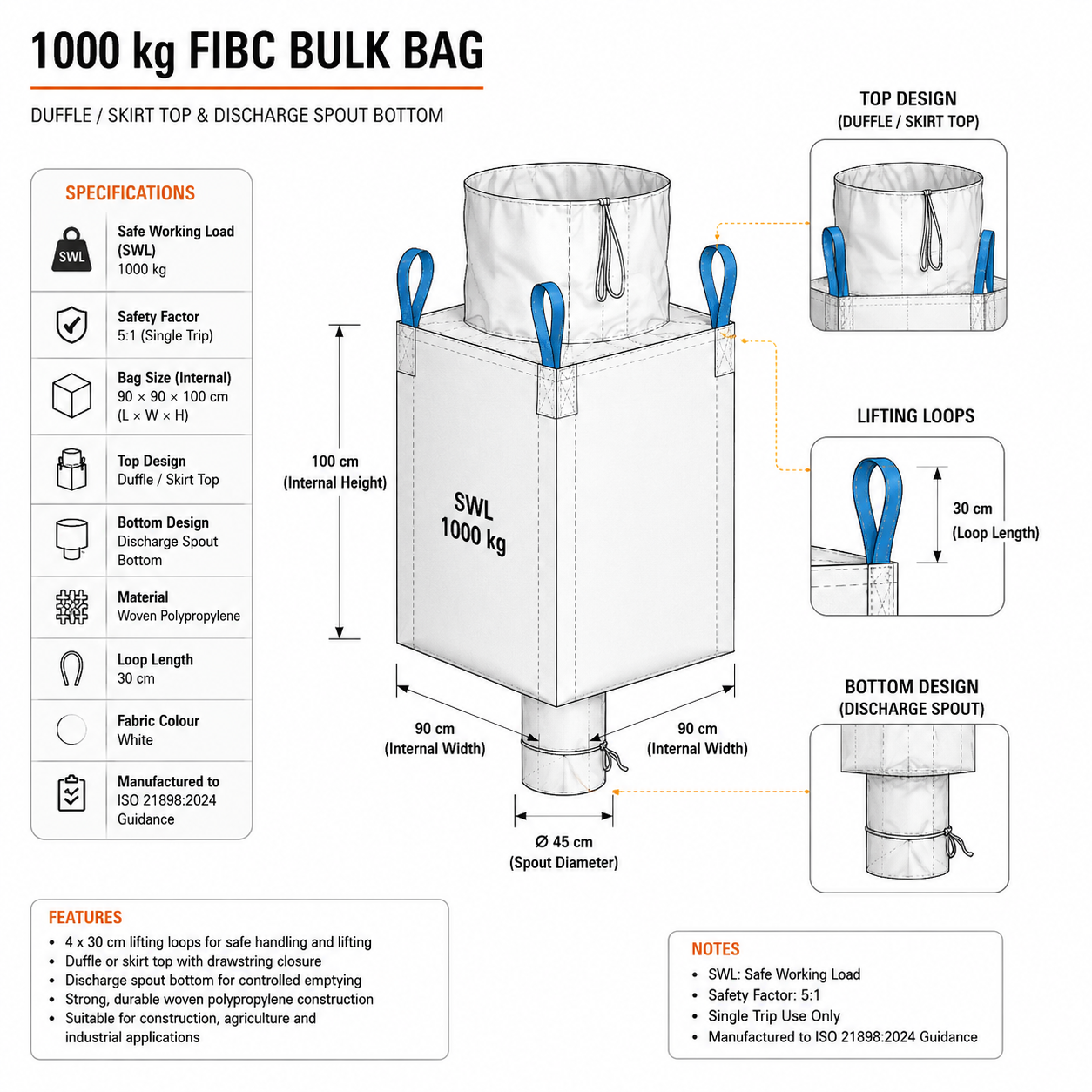 Duffle top spout bottom bulk bag, 90x90x100cm, front view with key features visible