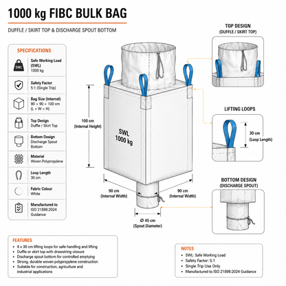 Duffle top spout bottom bulk bag, 90x90x100cm, front view with key features visible