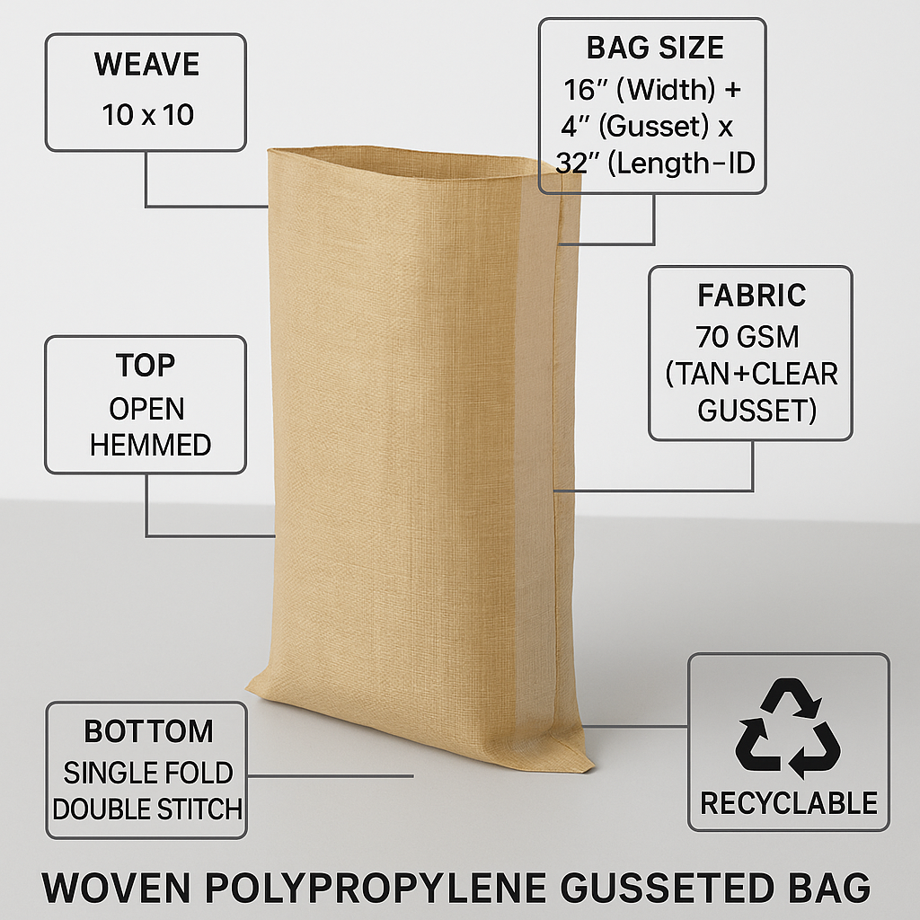 Woven polypropylene gusseted bag with specifications on a gray background