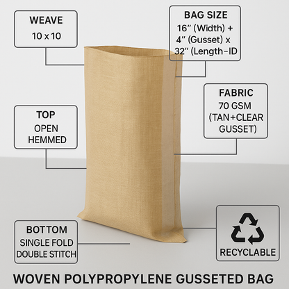 Woven polypropylene gusseted bag with specifications on a gray background