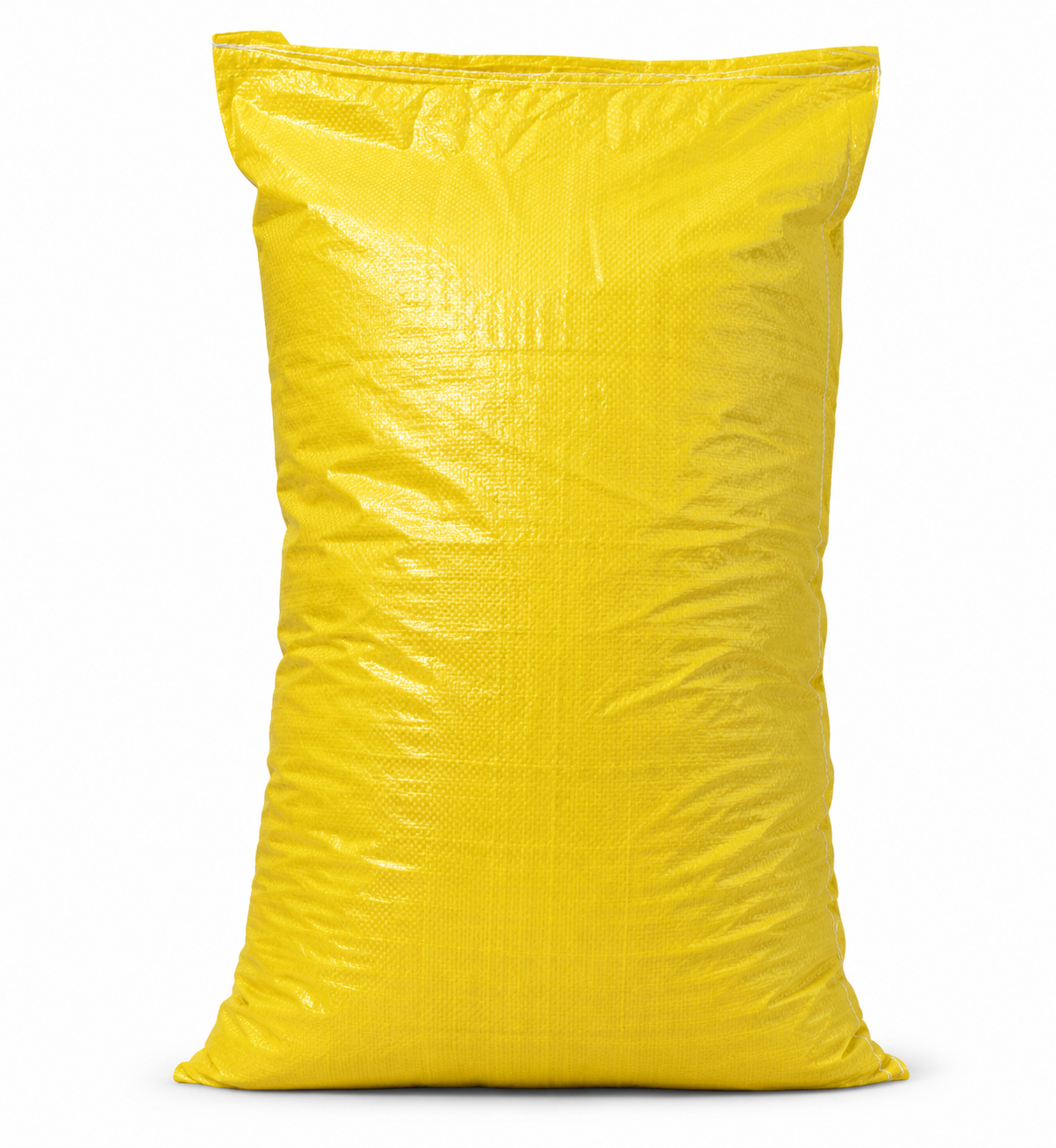 Yellow gusseted feed bag on white background, front view, with visible seams and gusset fold