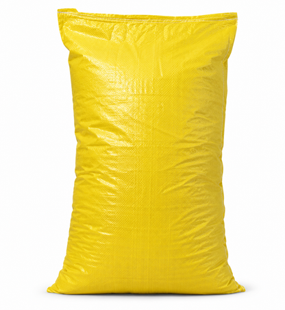 Yellow gusseted feed bag on white background, front view, with visible seams and gusset fold