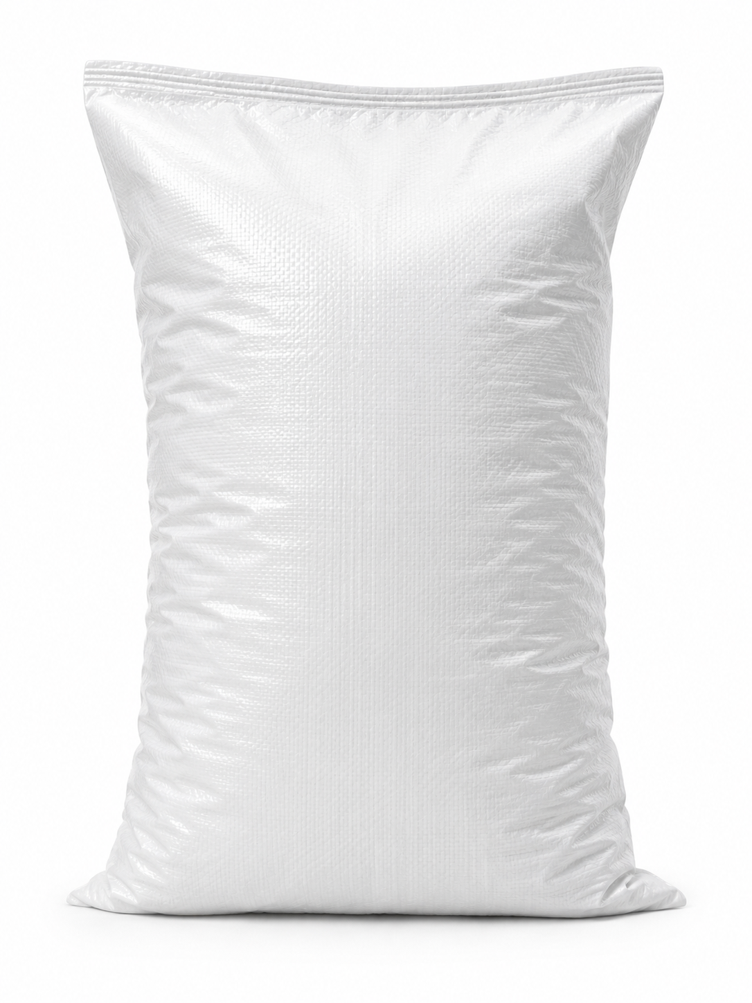 White laminated woven polypropylene feed bag on white background, front view