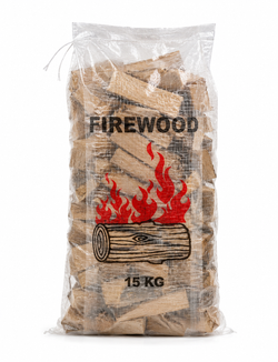 Transparent firewood bag with tie-up, front view on white background