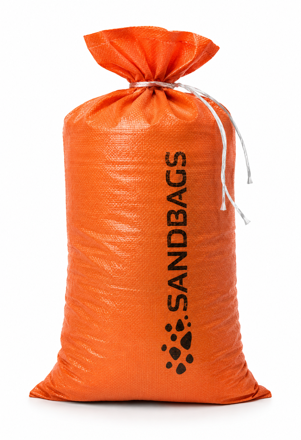 Orange woven polypropylene sandbag with tie, front view on white background