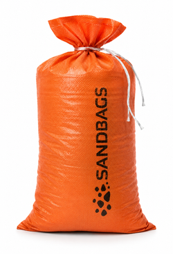 Orange woven polypropylene sandbag with tie, front view on white background