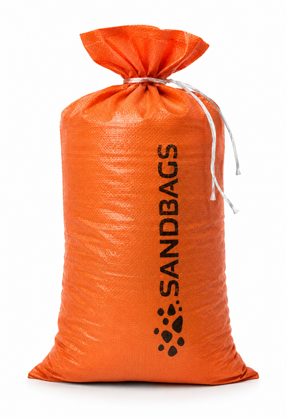 Orange woven polypropylene sandbag with tie, front view on white background