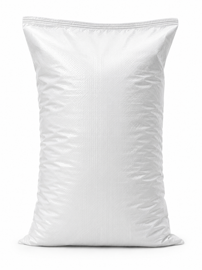 White laminated feed bag with 10cm gusset, front view on white background