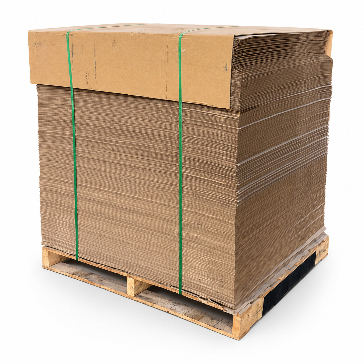 Stack of flat cardboard pallet pads banded with green strapping on a wooden pallet, three-quarter view on white