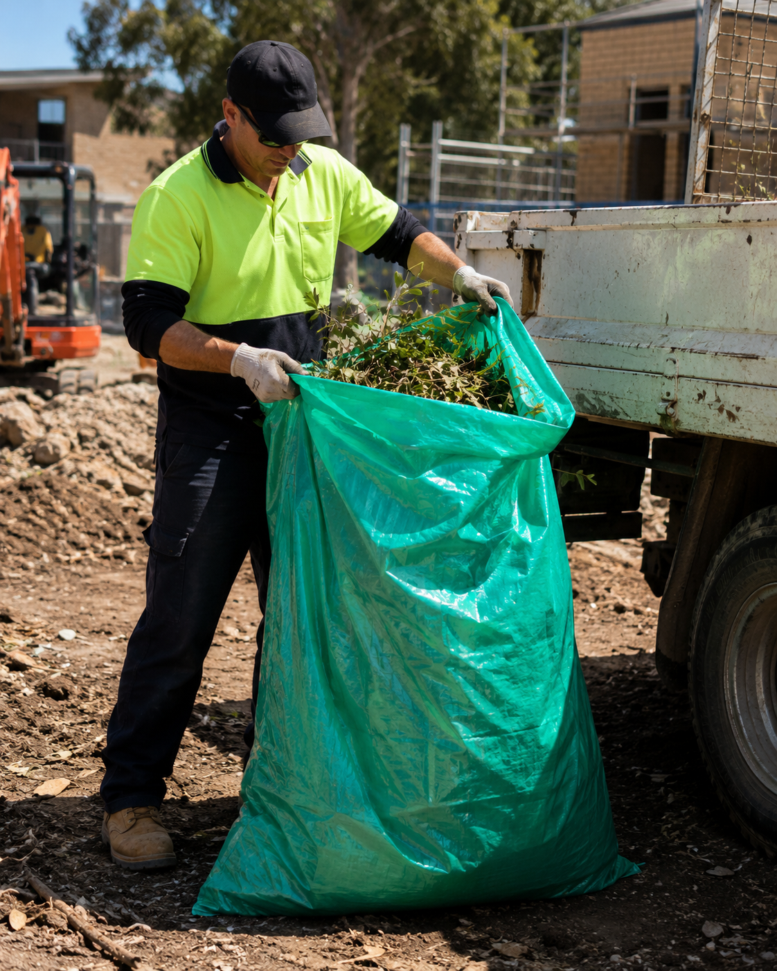 Green tint LDPE mining bag, front view, with bottom seal and rugged texture