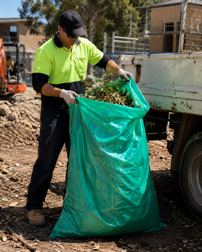 Green tint LDPE mining bag, front view, with bottom seal and folded top