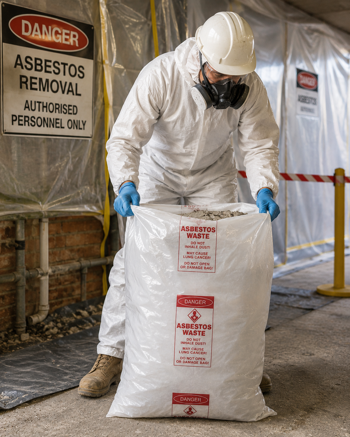 Clear asbestos waste bags with warning labels, laid flat