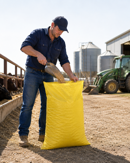 Yellow gusseted feed bag, front view, with visible stitching and gusset fold