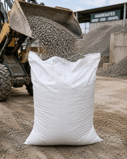 Woven polypropylene chaff bag, front view, empty and laid flat, measuring 65x112 cm