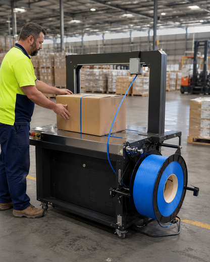 Blue polypropylene machine strapping roll, 12mm wide, on a neutral background