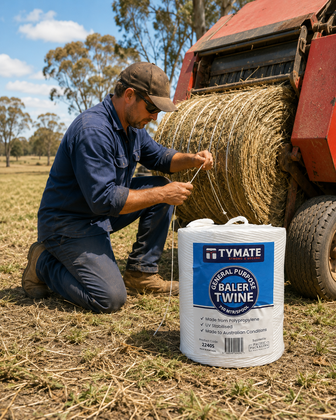 White TYMATE Heavy Duty PP twine coil with label showing specifications
